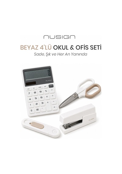 Nusign Hesap Makinesi &zımba & Makas Kırtasiye Seti - Beyaz