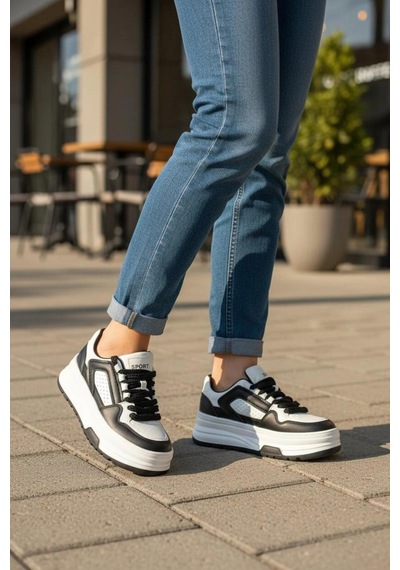 In Step Ropee Street Style Yüksek Taban Siyah Beyaz Kadın Sneaker