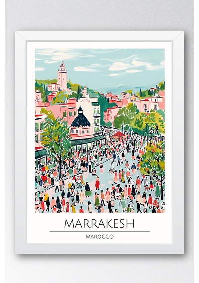 Fas Marrakesh Temalı Çerçeveli Tablo Travel Serisi Modern İllüstrasyon Şehir Duvar Dekoru Beyaz