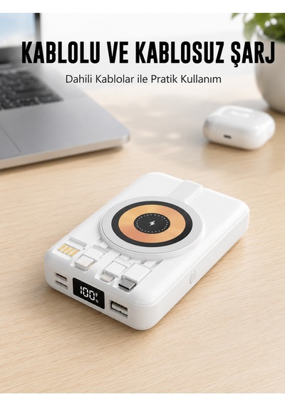 Magsafe Uyumlu Kablosuz Powerbank Hızlı Şarj Özellikli Yeni Nesil - Lisinya Beyaz