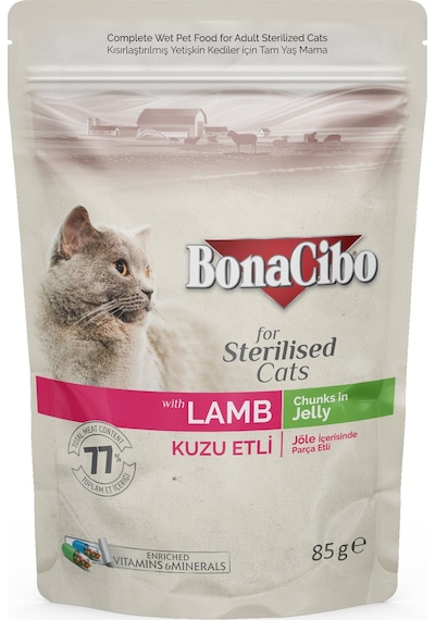 Bonacibo Kuzu Etli Jelly Pouch Kısırlaştırılmış Yetişkin Kedi Yaş Maması 85 G