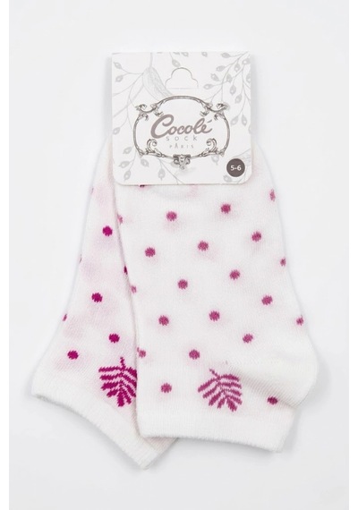 Cocole Socks Kız Bebek Patik Çorabı 2 Li Set Pamuklu Ekru Zemin Üzeri Fuşya Puantiye & Yaprak Desenl Çok Renkli