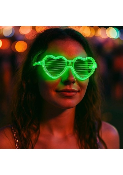 Yeşil Led Işıklı Kalp Gözlük 3 Modlu Parti Glow Gözlüğü