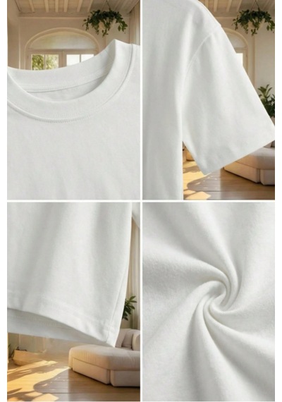 Kadın Beyaz Bisiklet Yaka Oversize Crop Tişört - %100 Pamuklu Basic Kısa Kol Beyaz