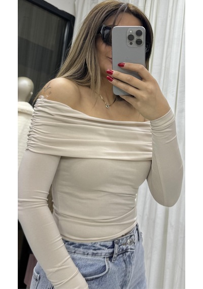 Daves Madonna Yaka Drapeli Uzun Kollu Sandy Body Bluz-taş TAŞ Taş