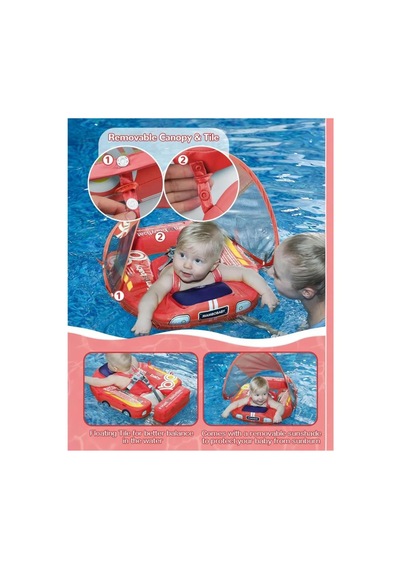 Mambobaby Yüzme Simidi - Red Car, Emniyetli, Gölgelikli Ve Ayak Destekli