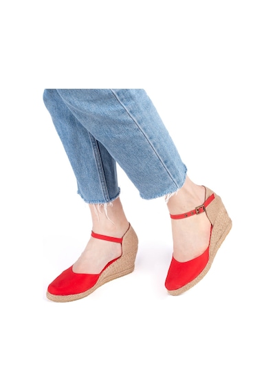 Star Tombis Gerçek Elişi Hasır Dolgu Topuk Keten Hasır Kadın Espadril Handmade Kırmızı