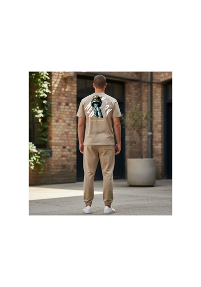 Urbantrendstore Unisex Özgürlük Heykeli Oversize Fit Rahat Geniş Salaş T-shirt Günlük Tişört Bej