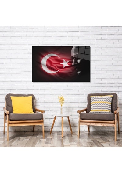 Türk Bayrağı Ve Atatürk Silüet Cam Tablo