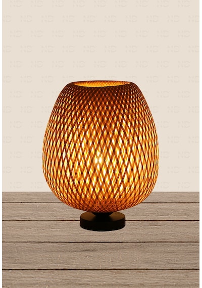 Boja Bambu Abajur, Masa Lambası 25x25x30 Cm İskandinav, Modern, Bohem, Rattan, Aydınlatma