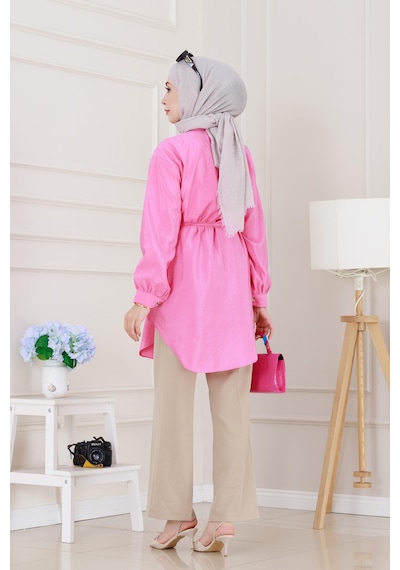 Sevitli Cep Kapaklı Beli Bağcıklı Tunik-pembe-5155 Pembe
