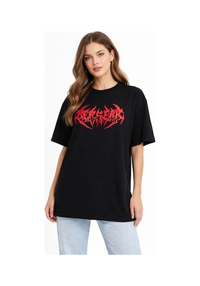 Baskılı T-shirt Yazlık Kısa Kol Bisiklet Yaka Rahat Kalıp Tişört - Siyah