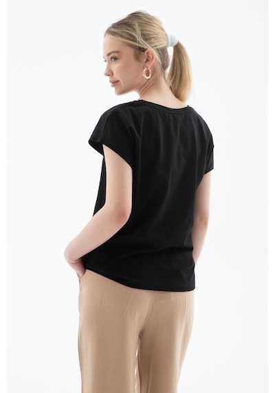 Fashion Friends Baskılı %100 Pamuklu Bluz Siyah Siyah