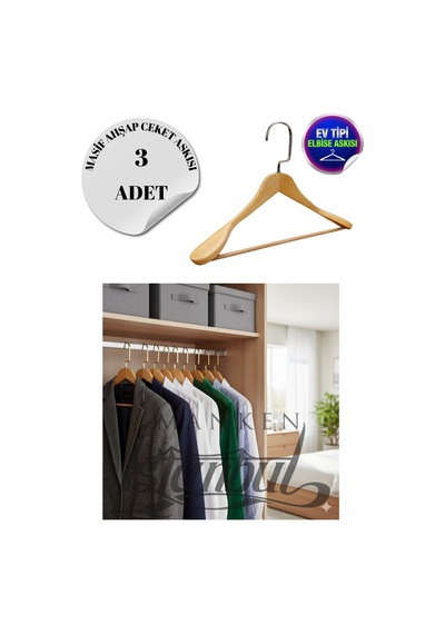 Ceket Askısı 44 Cm Masif Ahşap Gümüş Kancalı Takım Elbise Kıyafet Askısı Ev Tipi 3 Adet Diğer