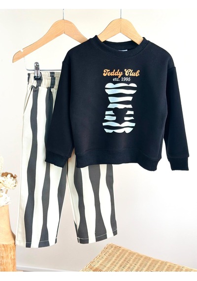 Elzo Collection Erkek Çocuk Teddy Baskılı Siyah Sweatshirt Çizgili Siyah Ekru Gabardin Denim Kot Alt Üst Takım Ekru - Siyah Elzo Collection Erkek Çocuk Teddy Baskılı Siyah Sweatshirt Çizgili Siyah Ekru Gabardin Denim Kot Alt Üst Takım Ekru - Siyah