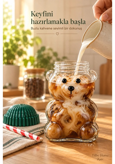 Tilbe Home 2li Ayıcık Cam Bardak Su Matarası 600ml Pipetli Kapaklı Suluk Soğuk İçecek Kokteyl Bardağ