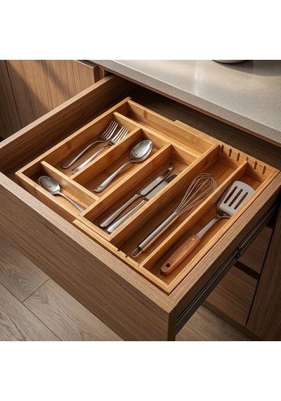 Ayarlanabilir Bambu Kaşıklık Ve Çekmece İçi Organizer - 5-7 Bölmeli Genişleyebilir Çatal Bıçak Düzenleyici 39.4 X 24 X 6.4 Cm Çok Renkli