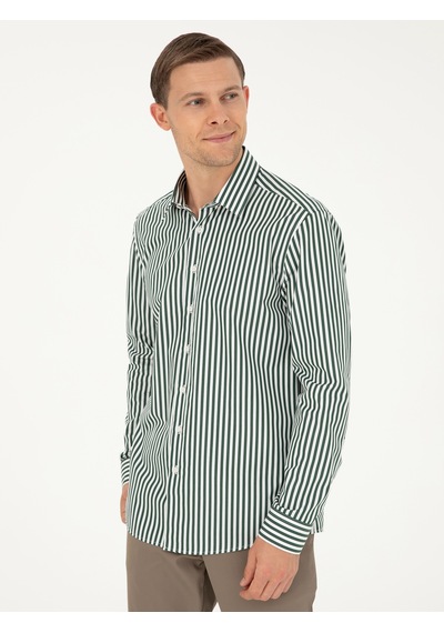 Cacharel Koyu Yeşil Slim Fit Pamuklu Çizgili Gömlek