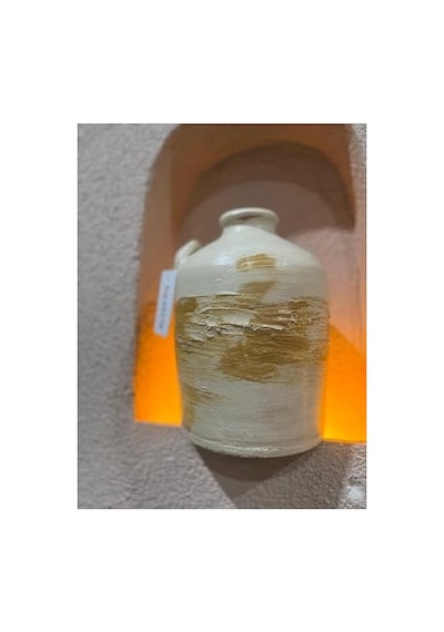 25 Cm Toprak Vazo, Sarı Çizgili, Kulplu, Dekoratif Çömlek Diğer