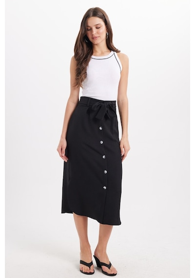 Tudors Kadın Slim Fit Dar Kesim Pileli Pamuklu Ön Düğme Kapamalı Kuşaklı Yırtmaçlı Siyah Etek -50946