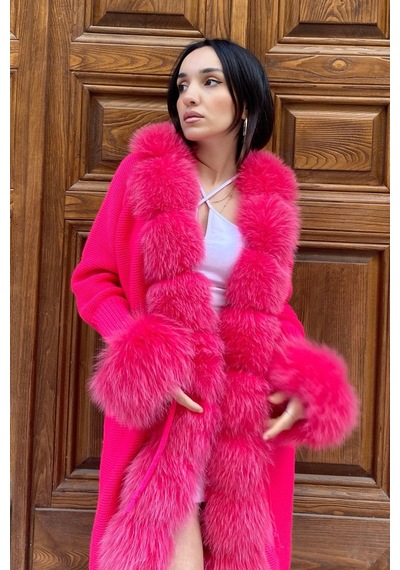 Lava Design Kürklü Triko Hırka & Uzun Triko Hırka & Kadın Triko Hırka Pembe