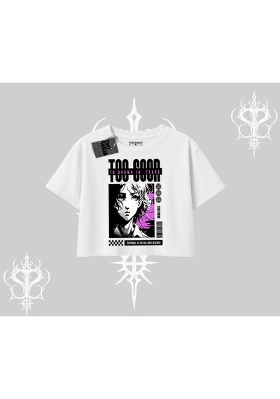 Startmore Startmore Oversize Crop Tshirt Too Good Anime Girl Grafik Baskılı Beyaz