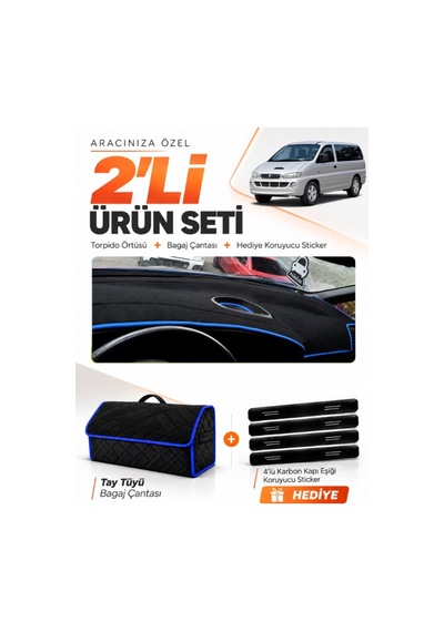 E-biz Hyundai Starex 1997-2007 Uyumlu Torpido Örtüsü + Tay Tüyü Bagaj Çantası - Siyah-mavi - Hu032