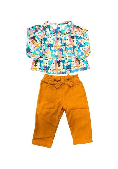 Çikoby Kız Bebek Çocuk Pamuklu Desenli Gömlek Pantolonlu Takım-10823-tarçın Tarçın