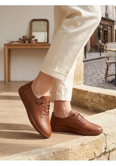 Beren Hakiki Deri Taba Kadın Yürüyüş Ayakkabı Ve Ortopedik Taban Düz Esnek Bağcıklı Comfort Sneaker