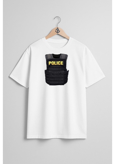 Bahriyeli Collection Oversize Polis Çelik Yelek Göğüs Tasarımlı Unisex T-shirt Beyaz