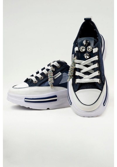 Tw Tonny White Tokyo - 172 Tül Detaylı Keten Sneakers Topuk Boyu 5cm Lacivert