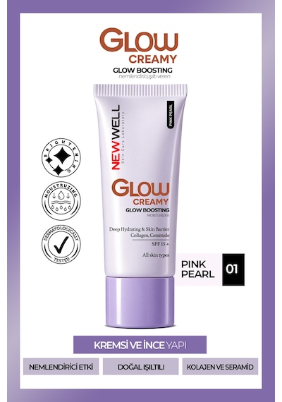 New Well Glow Boosting Işıltı Veren Nemlendirici Yüz Kremi SPF15+ 01 Pink Pearl