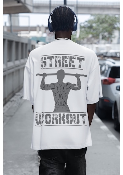 Street Workout Calisthenics Sırt Baskılı Unisex Oversize Sporcu T Beyaz