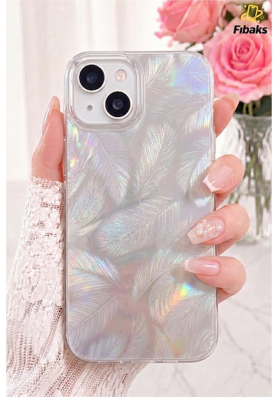 Fibaks iPhone 13/14 Uyumlu Kılıf Parlak Hologram Yaprak Desenli Darbe Emici Kamera Korumalı Silikon Kapak