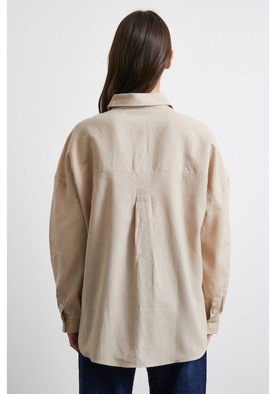 Never More Cepli Oversize Keten Gömlek Bej Bej