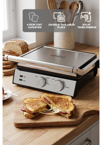 Sinbo SSM-2598 2000 W Döküm Plakalı Ayarlanabilir Isı Ve Zaman Kontrollü Izgara Ve Tost Makinesi