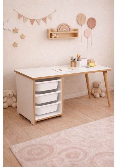 Çocuk Masası 90x45 Cm 3 Sepetli Çocuk Çalışma Masası Aktivite Masası Yaz-sil Beyaz