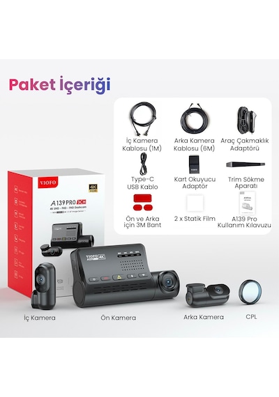 Viofo A139 Pro 3 Kameralı Ön-arka-iç 4k Hdr 5ghz Wifi Gps'li Araç Kamerası