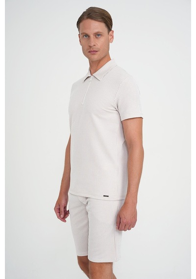 Efor Comfort Fit Fermuarlı Polo Yaka Dikine Çizgili Kısa Kol Bej Tişört Ts 906 Bej