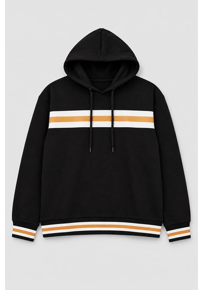 Markapia Kadın Kapüşonlu Çizgi Detaylı Sweatshirt SiYAH