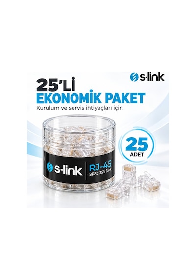 S-link Slx-990 Cat5 Rj45 Konnektör 25'li Paket, 8p8c Ethernet Ağ Kablosu Ucu, Şeffaf Modüler Jack, Krimp Pense İle Takılabilir Network Fişi