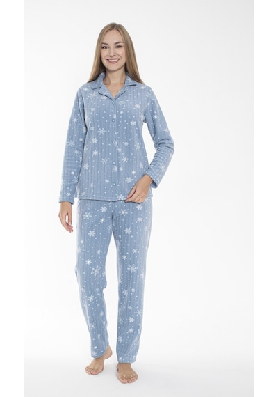 Estiva Kadın Kışlık Kar Desenli Önden Düğmeli Fitilli Polar Pijama Takımı Mavi Çok Renkli