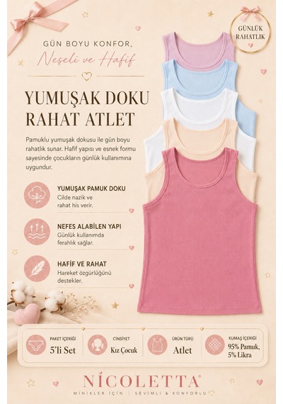 Nicoletta Kız Çocuk Atlet Geniş Askılı 5 Li Paket Likralı Pembe