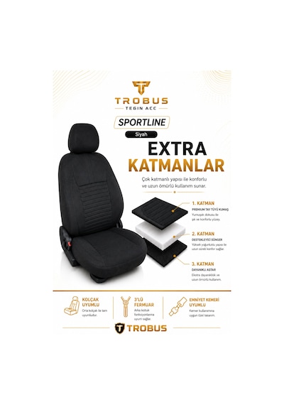 Seat Ateca 2016 Sonrası Uyumlu Sportline Serisi Siyah Ortopedik Tay Tüyü Koltuk Kılıfı