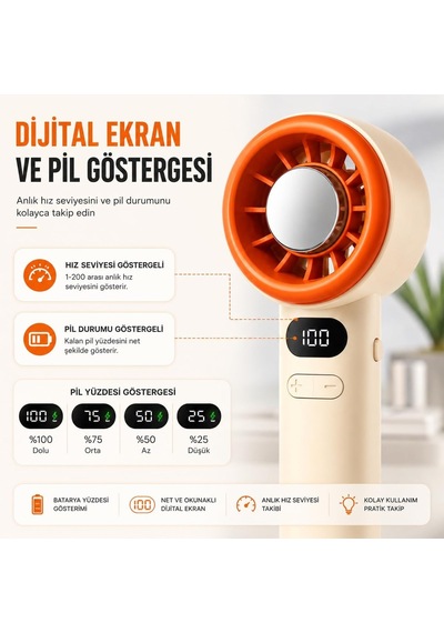 Şarjlı Mini El Vantilatörü Dijital Ekranlı 1-200 Seviyeli Hız Ayarlı Usb-c Şarjlı Taşınabilir Masaüstü Ve E