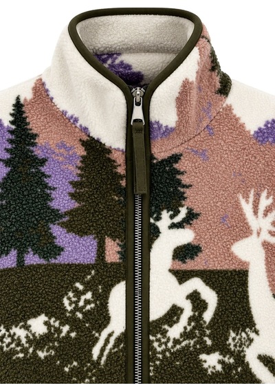 Vadon 1061 Kadın Geyik Ve Orman Desenli Yandan Cepli Fermuarlı Polar Sweatshirt Haki