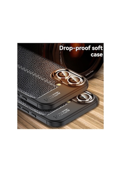 Fibaks iPhone 16 Plus Uyumlu Kılıf Kamera Çıkıntılı Deri Görünümlü Dikiş Desenli Koruyucu Kapak Kilif