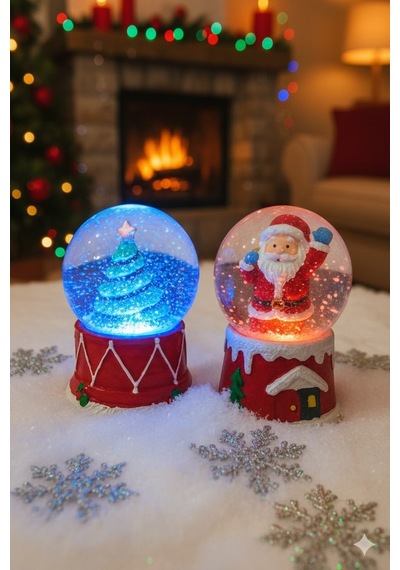 Yılbaşı Çam Ağacı & Noel Baba Kar Küresi 2 Li Set Led Işıklı 6,5 Cm Yeni Yılın En Güzel Hediyesi Çok Renkli