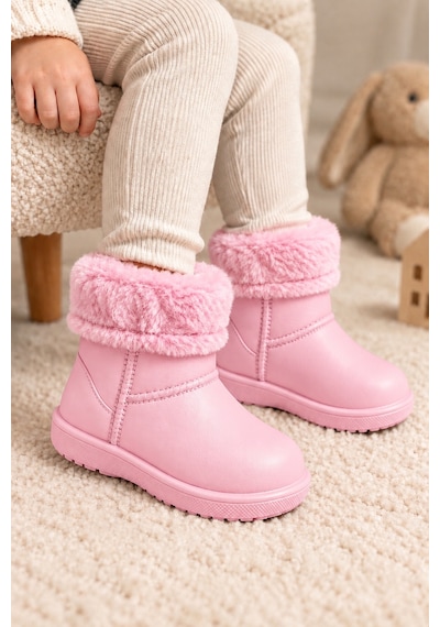 Altın Pabuç Çocuk Kürklü Bot Su Geçirmez Kaymaz Taban Erkek Kız Unisex İçi Kürklü Çocuk Yağmur Çizmesi Kar Botu Pembe