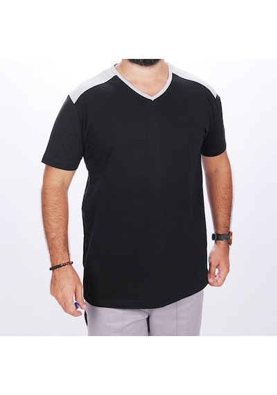 V Yaka Omuz Garnili Tshirt Siyah-gri